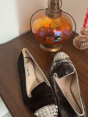 Miu Miu Charcoal Velvet Loafers with Crystal Toe Caps